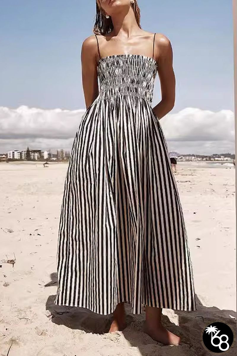 Casual Striped Pocket Fold Sling Dresses | 168DEAL