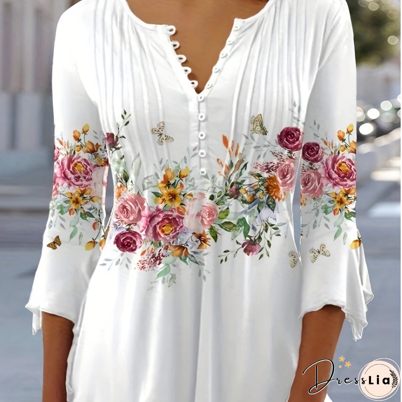 Floral Print Pleated Button Front T-Shirt, Casual Ruffle Sleeve T-Shirt For Spring & Summer, Women's Clothing