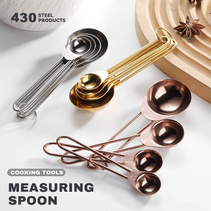 430 Stainless Steel Measuring Cup Measuring Spoon Suit 8-piece Rose Gold Wire Handle Measuring Spoon Measuring Cup 4-piece Set With Scale Gold