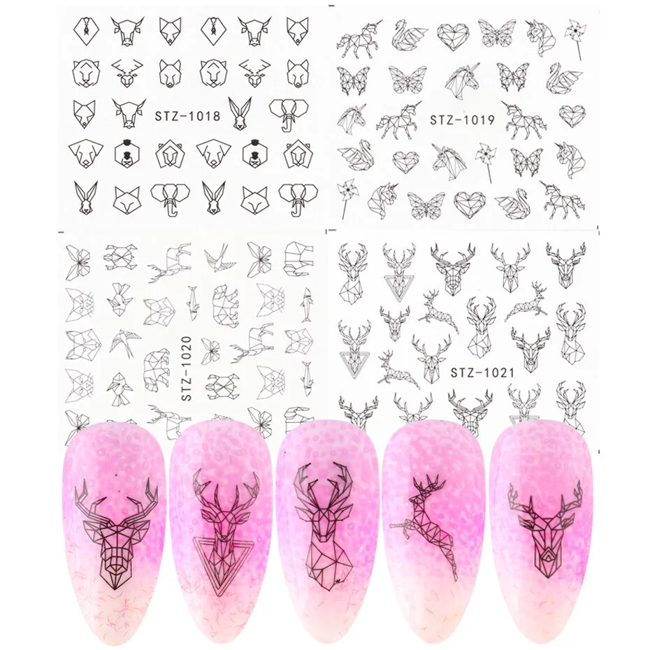 Applyw Black Lines Deer Animal Water Decals Nail Stickers Cute Cartoon Slider For Nails Winter Christma Decoration LASTZ1018-1021