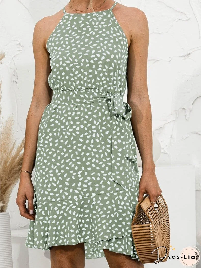 Halter Neck Ruffle Print Sleeveless Dress for Women