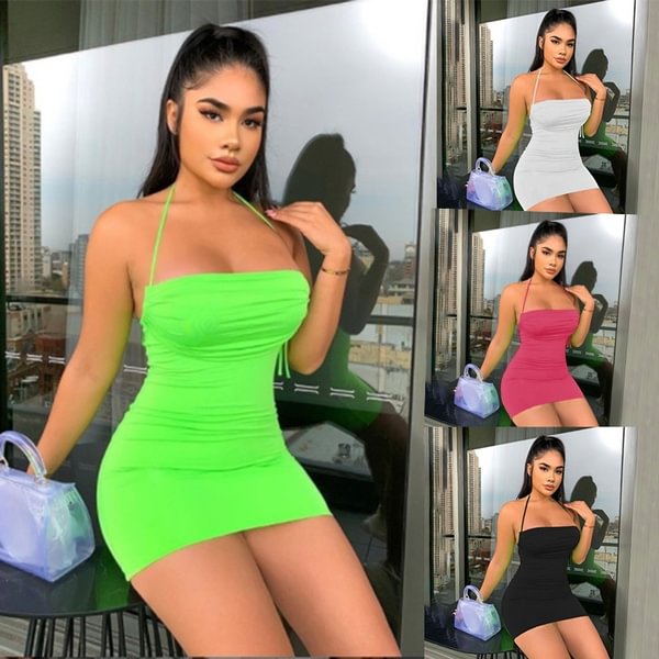 Women's Fashion Sleeveless Spaghetti Strap Halter Mini Dress Solid Colors Sexy Package Hip Bodycon Dress - Life is Beautiful for You - SheChoic