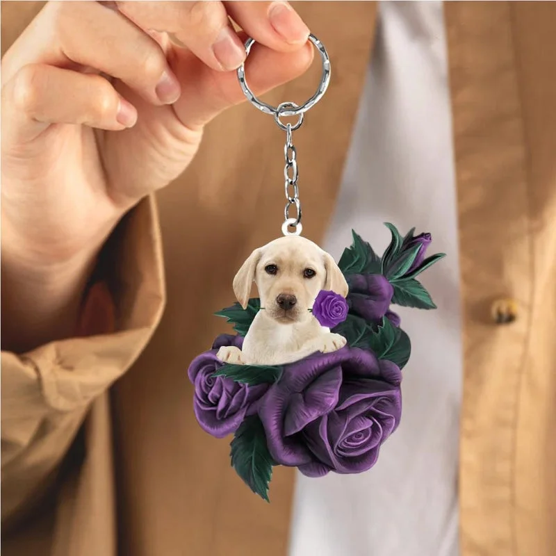VigorDaily Yellow Labrador In Purple Rose Acrylic Keychain PR063