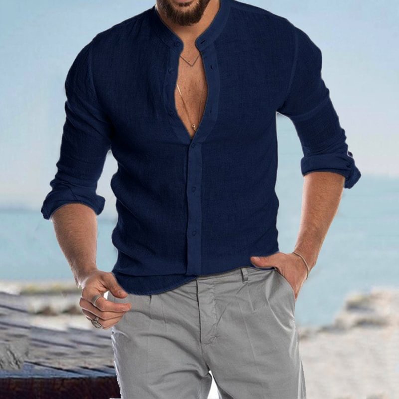 Men's Casual Linen Shirt Band Collar Long Sleeve Button Down Shirt、、URBENIE