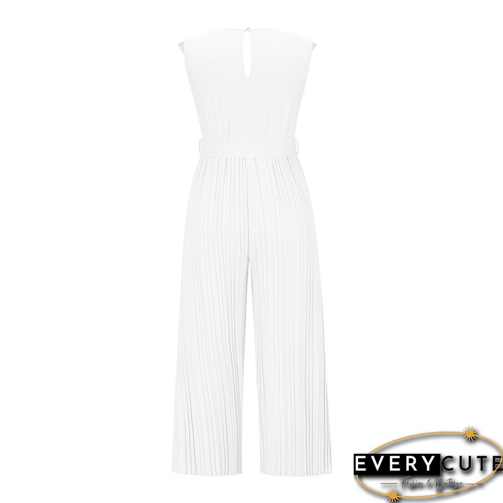 White Ruffle Sleeveless Wide Leg V Neck Jumpsuit