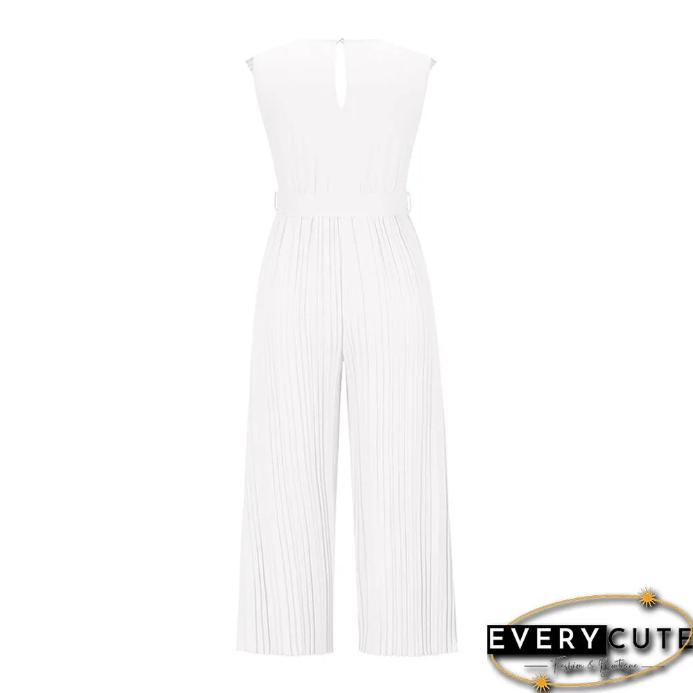 White Ruffle Sleeveless Wide Leg V Neck Jumpsuit