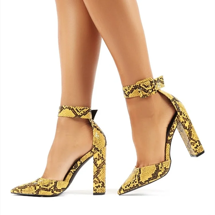 Women's Yellow Snakeskin Ankle Strap Chunky Heels Pumps Shoes |FSJ Shoes
