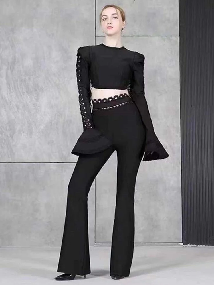 Women Winter Style Sexy Long Sleeve Flare Black White Two Pieces Bandage Set 2022 Celebrity Designer Fashion Party Women&#39;s Set