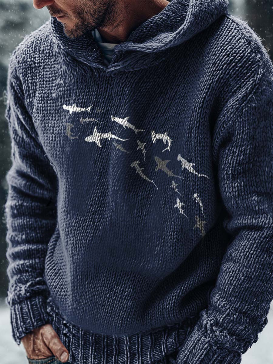 Deep Sea Sharks Print Casual Knitted Hoodie Sweater