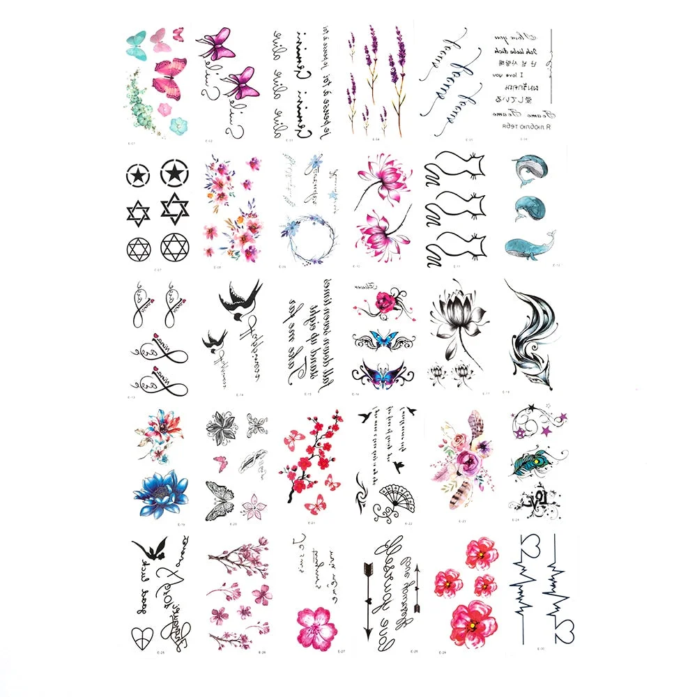 Hot 30Sheet/Lot Temporary Tattoo Sticker Letters Feather Body Art Tattoos Waterproof Flowers Tattoos Sticker Fake Water Transfer