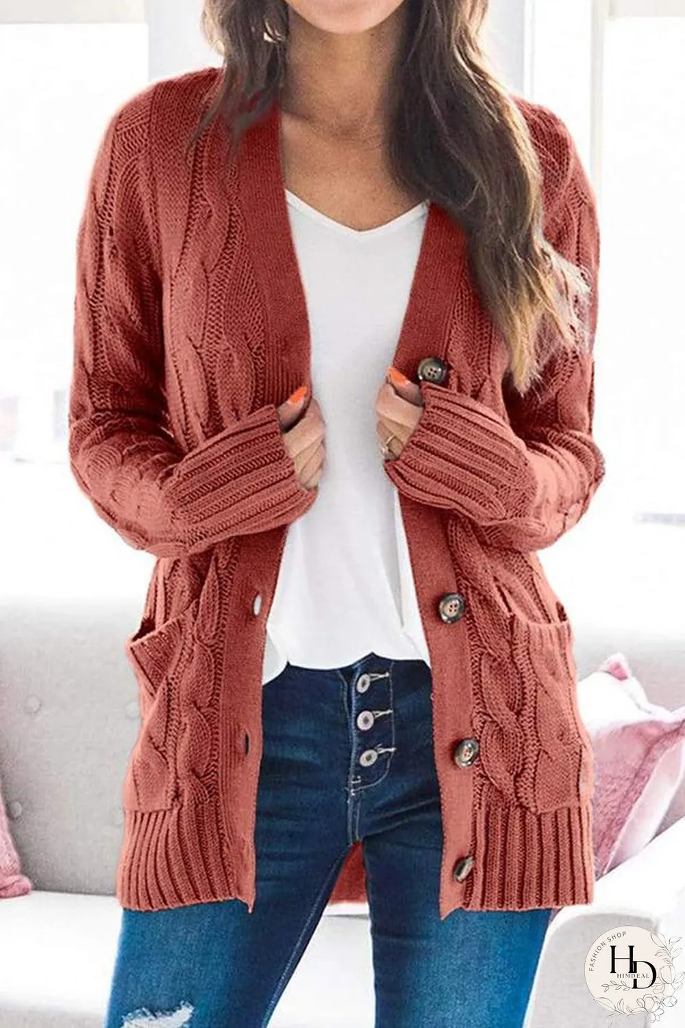 Button Cable Knit Cardigan