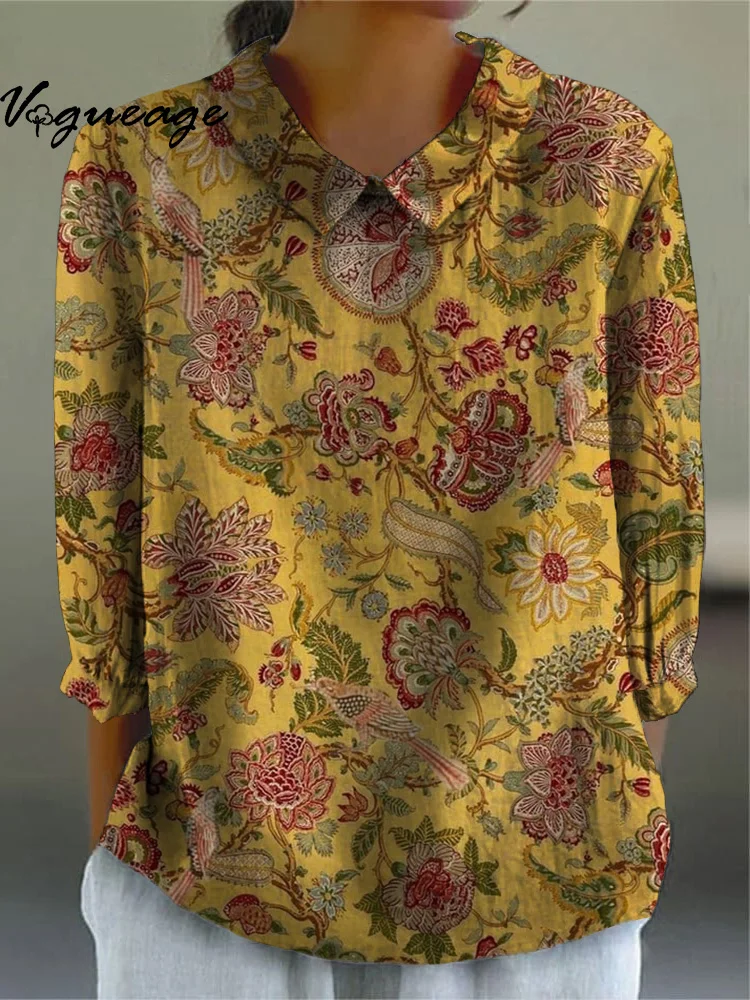 Retro Ethnic Print Women Doll Collar Shirt