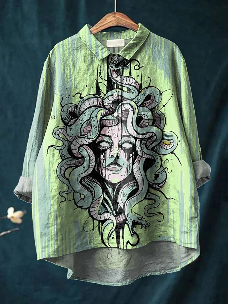 Vintage Medusa Painting Art Print Casual Cotton And Linen Shirt