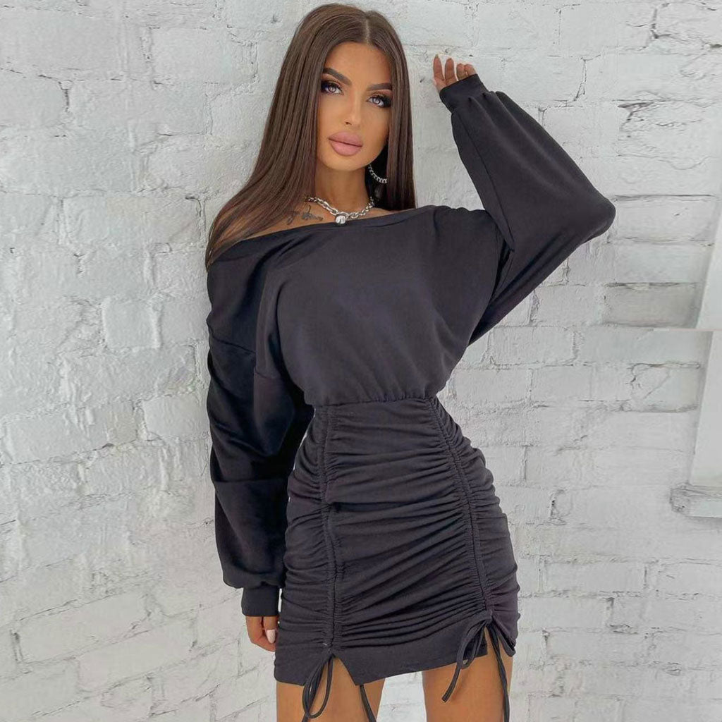 Iconic Style Boat Shoulder Long Sleeve Ruched Mini Dress - Black