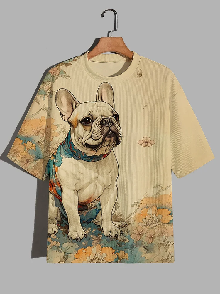 Men's Floral Bulldog Art Print Casual T-Shirt