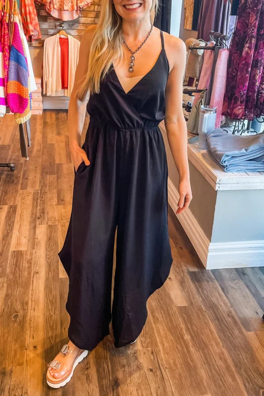 Sexy hem slit solid color jumpsuit with suspenders