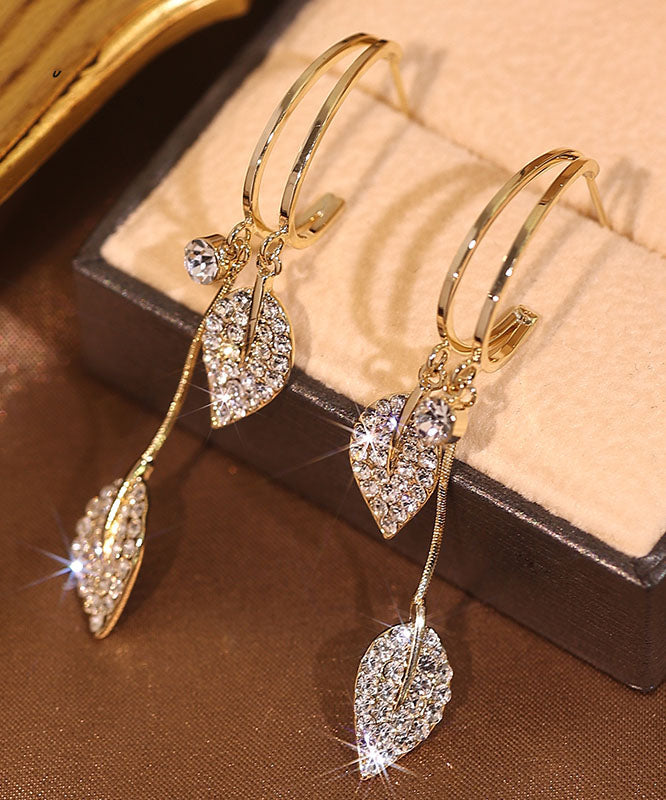 VCSHOES Gold Sterling Silver Zircon Leaf Drop Earrings