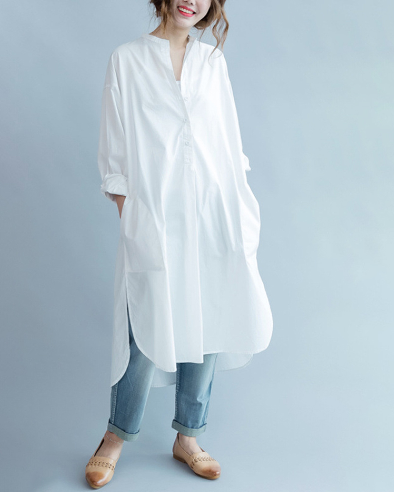 Stand Up Collar Long Sleeve Side Split Shirt Style Midi Dress