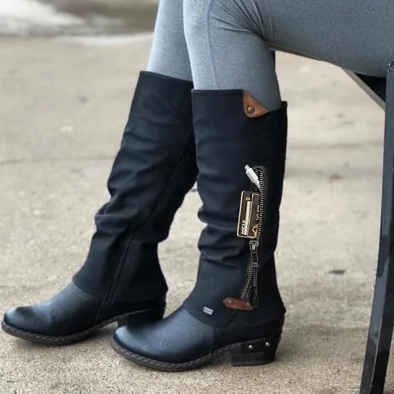 Winter Women Knee High Boots Vintage PU Leather Round Toe Western Cowboy Long Boots Female Low Heel Side Zipper Work Snow Boots