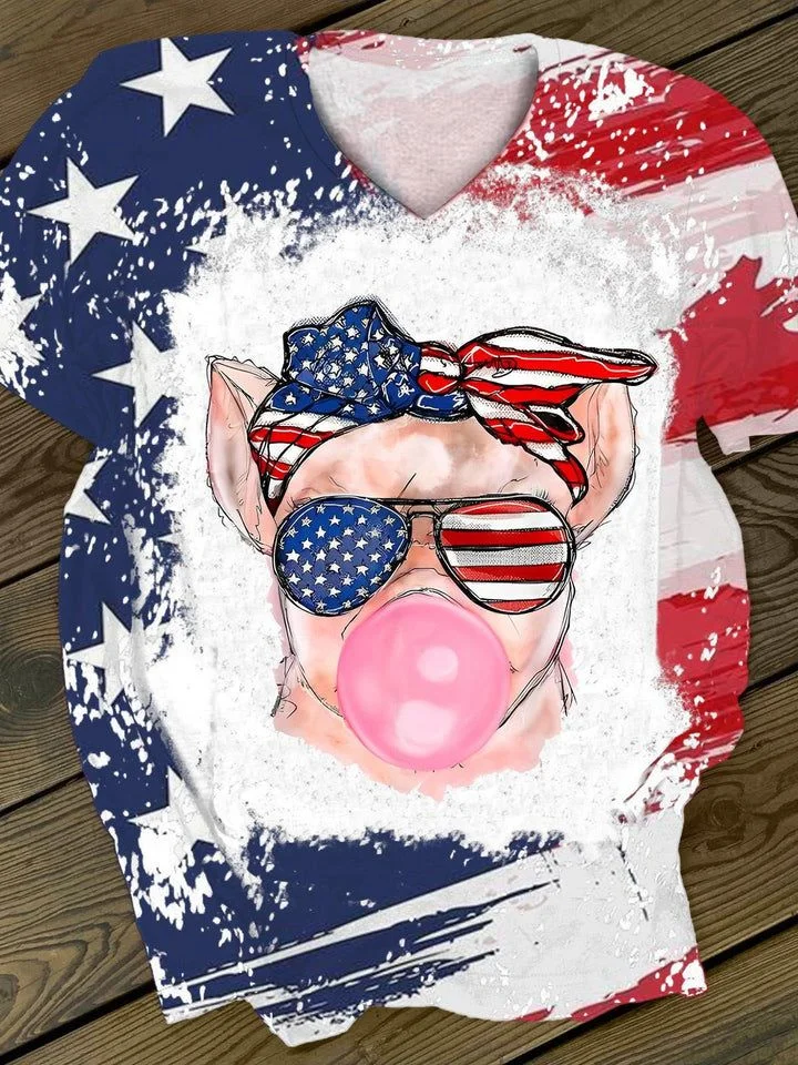 Women's Independence Day Sunglasses Pig Print V Neck Casual T-Shirt socialshop