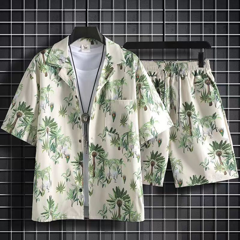 Wlmerlist New Summer Fashion Beach 2PCS Suits Mens Print Short Sleeve Shirt Tops And Shorts Two Piece Set Couple Hawaiian Holiday Outfits
