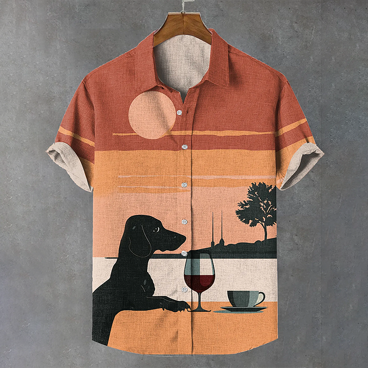 Men's Chilling Wine Black Dachshund Resort Art Linen Blend Shirt