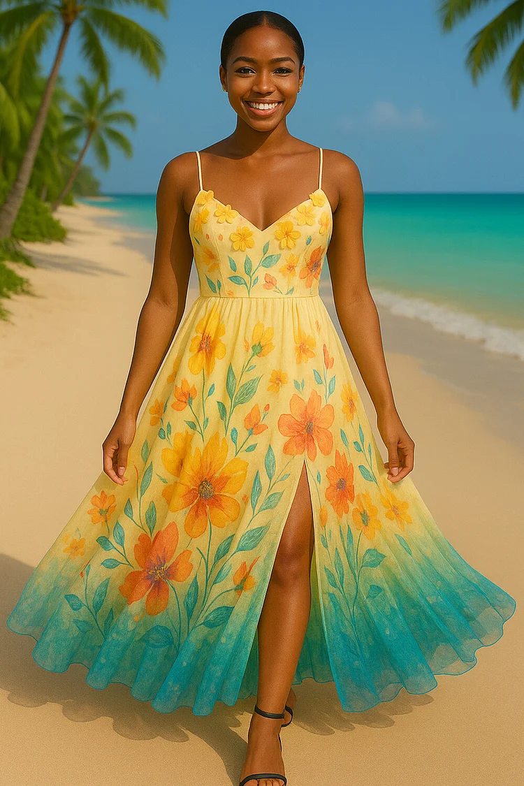 Floral Ombre Print V Neck Cami Slit Vacation Maxi Dresses-Yellow [Pre Order]