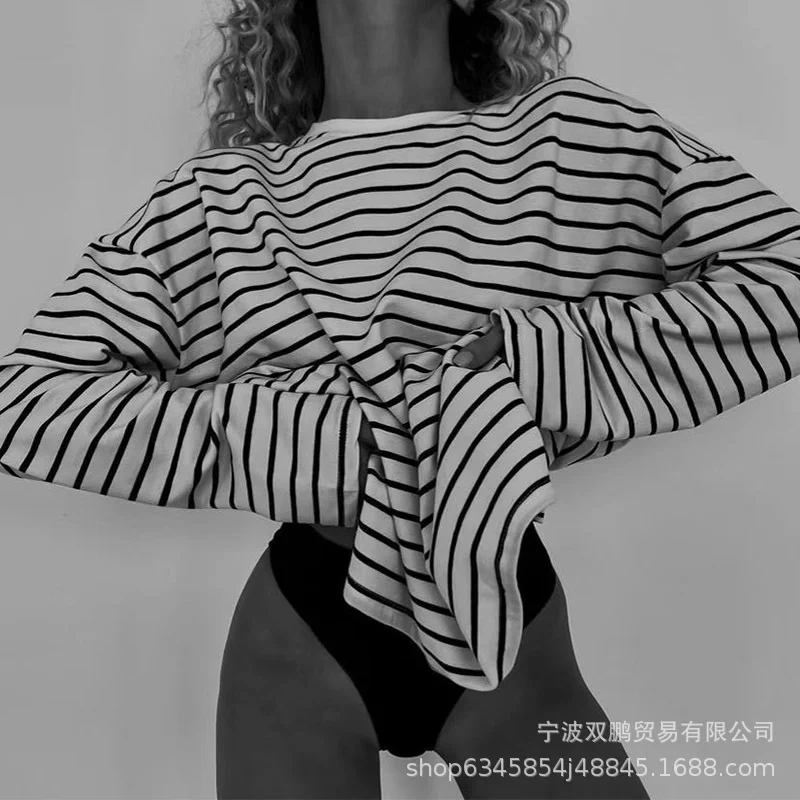 Athvotar Athvotar And Summer Fashion Loose Cotton Striped T-Shirt Women Casual Round Neck Long Sleeve Open Top Hot Sale