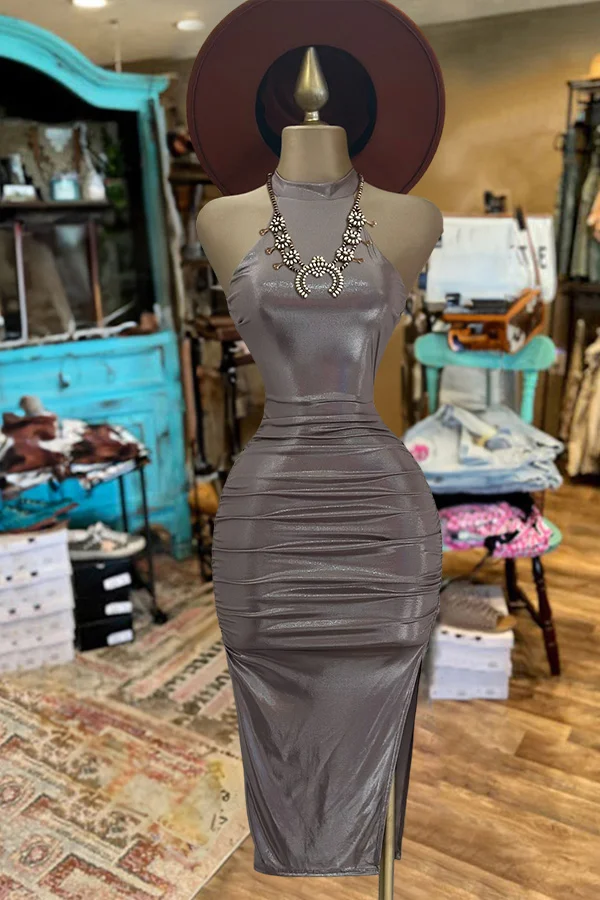 Halterneck Sleeveless Open Back Slit Dress