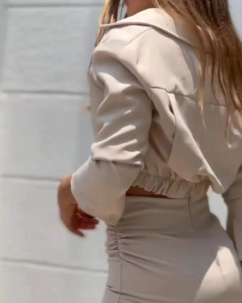 Solid Color Shirt Top Split Skirt Two Piece Set