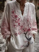 Women's Vintage Pink Floral Art Linen V-neck T-shirt