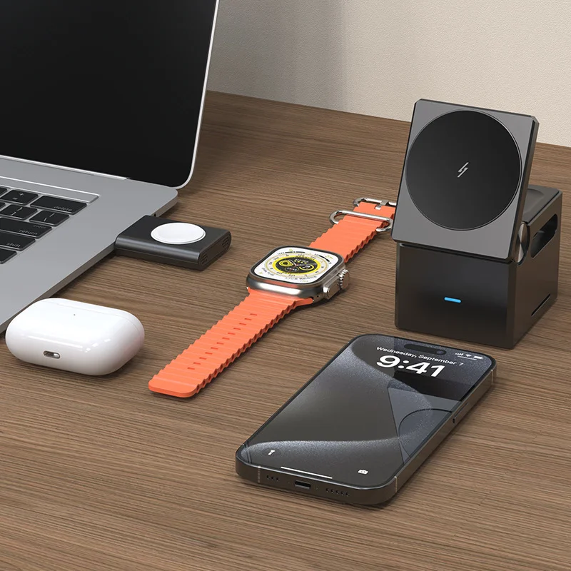 3 in 1 magnetic wireless desktop watch earphone mobile phone charger