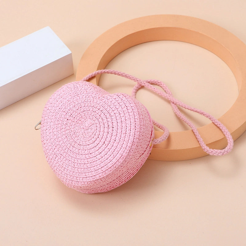 Kid’S Straw Heart Shape Cute Heart-shaped Zipper Shoulder Bag