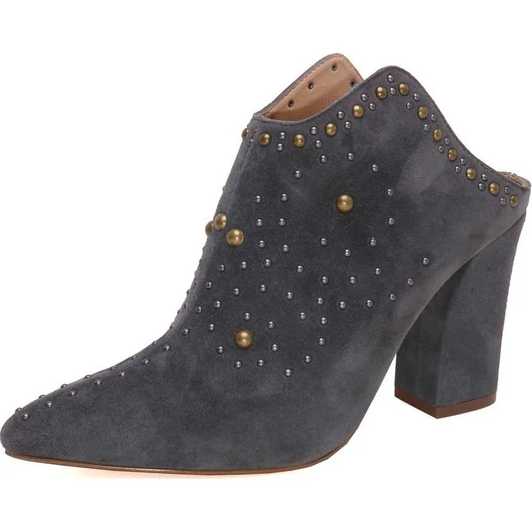 Women's Dark Grey Block Heels Pointed Toe Studded Mules Shoes |FSJ Shoes