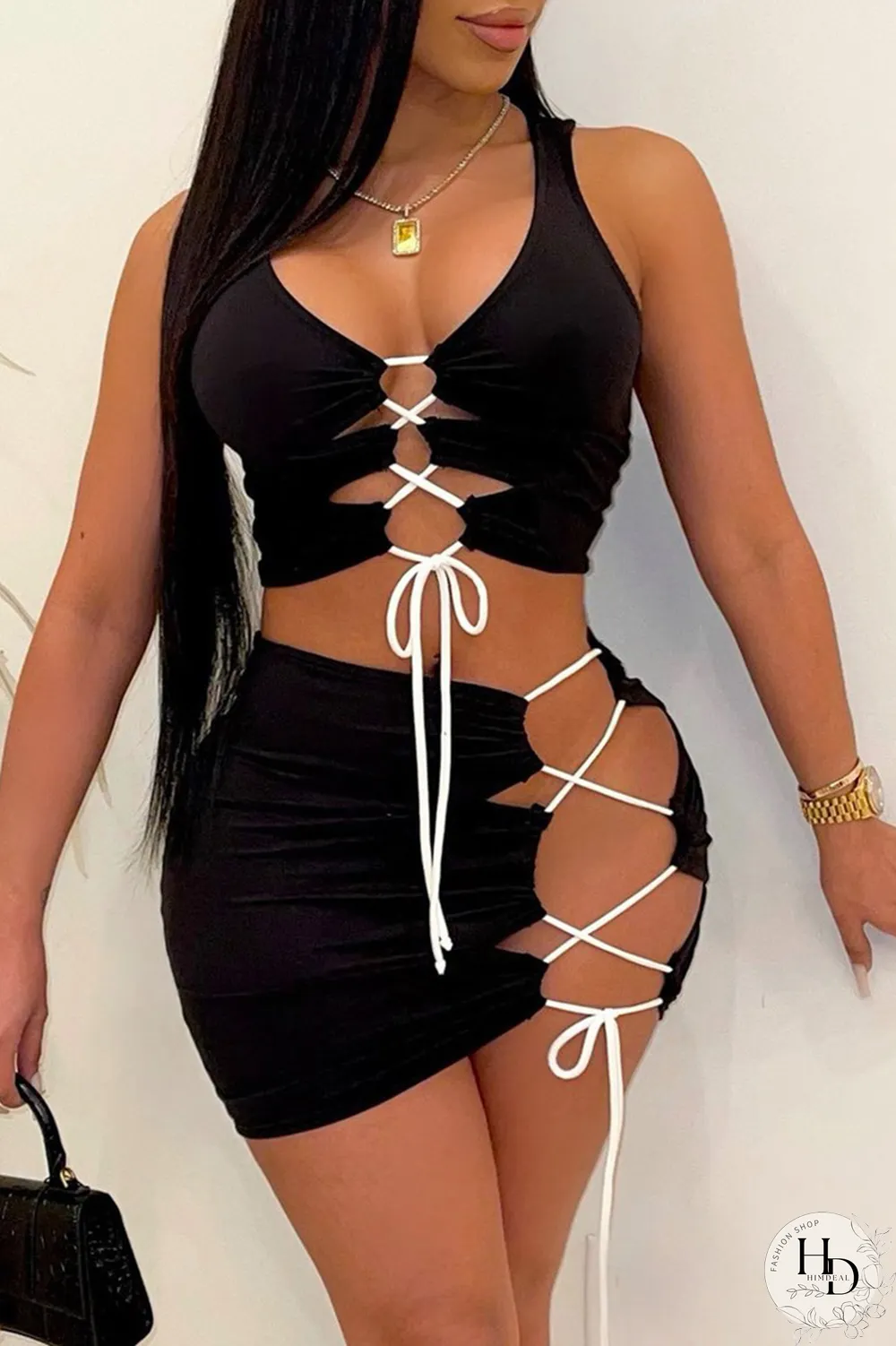 Burgundy Sexy Solid Draw String U Neck Sleeveless Two Pieces