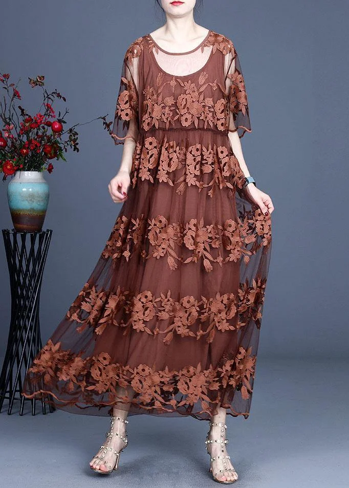 Bohemian Chocolate Embroideried Summer Lace Summer Dresses Half Sleeve