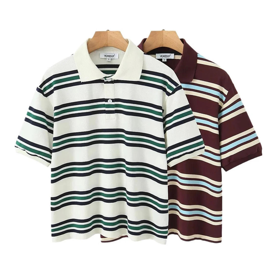 Nigikala Nigikala Retro Sexy Hottie Style Striped Short-Sleeved Polo Collar T-Shirt