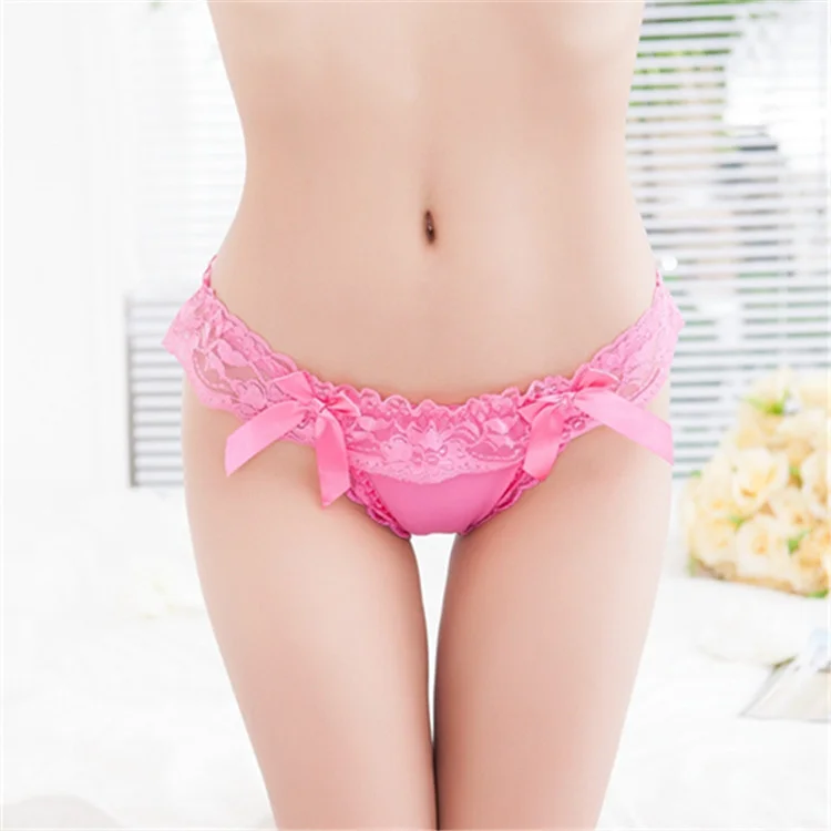 Billionm Selling Sexy Transparent Lace Women's Briefs Show Hip Fashion Low Waist Jacquard Bow Crotch Cotton Thong Solid Color Slut