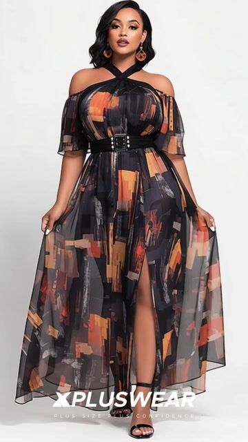 Xpluswear Design Plus Size Vacation Black Graphic Halter Collar Cold Shoulder Short Sleeve Split Cut Out Maxi Dresses 2024 - Xpluswear
