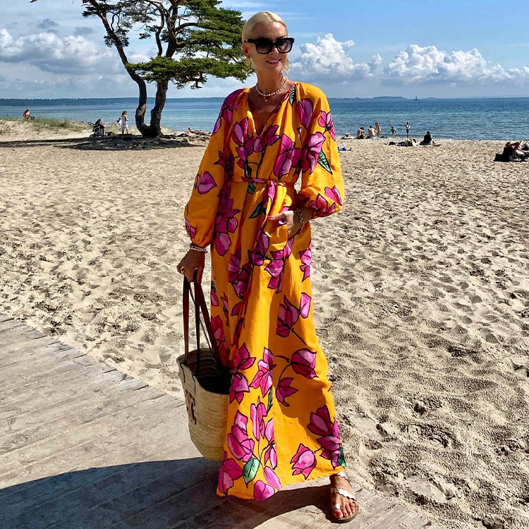 V Neck Lantern Long Sleeve Printed Dress