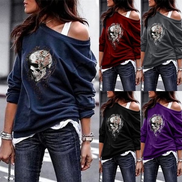 S-5XL Women's Fashion Spring Autumn Punk Long Sleeve Sweatshirts Skull Printed Pullover Personality One Shoulder Gothic T Shirts Casaul Off The Shoulder Tops Plus Size Sweatshirts - Shop Trendy Women's Fashion | TeeYours