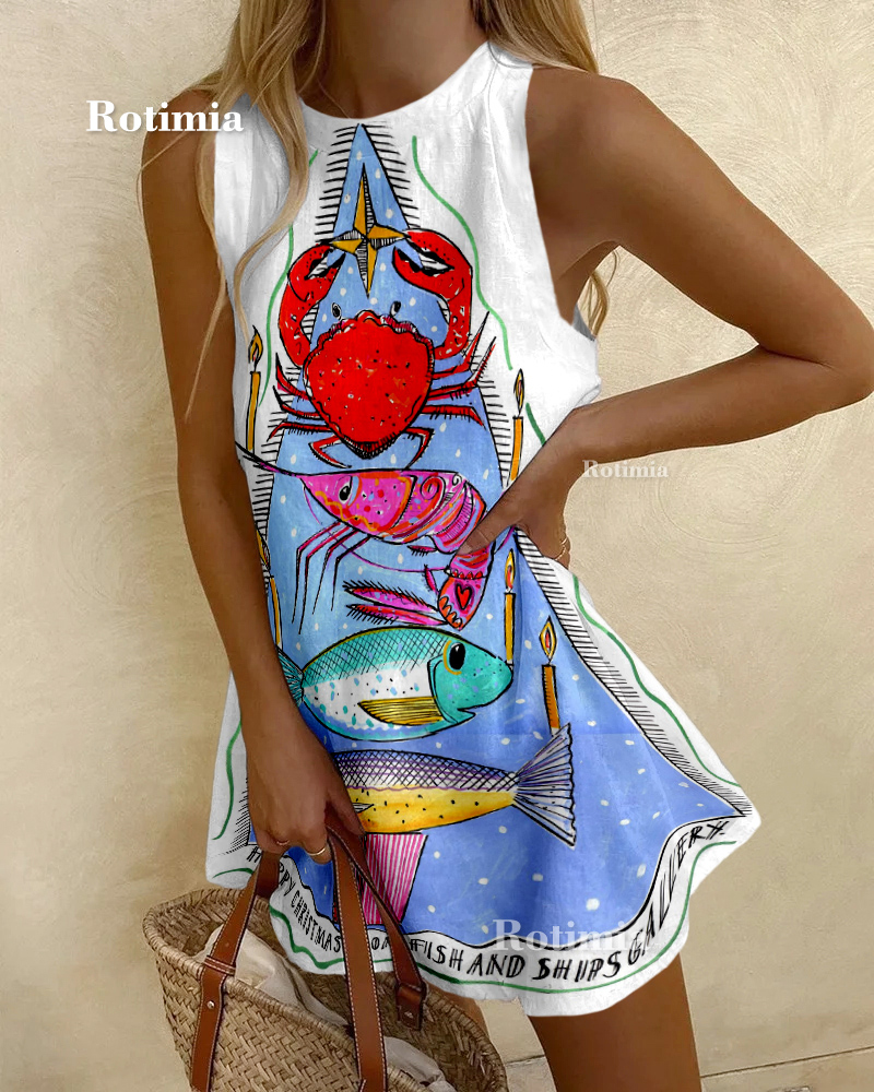 Holiday Shrimp And Crab Fish Print Sleeveless Mini Dress