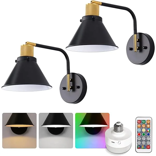Battery Operated Wall Sconce Set of Two, Modern Black and Gold with Remote Control Dimmable Wall Lamp, Not Hardwired Wall Light for Gallery Bedroom Corridor Living Room, Bulb Included