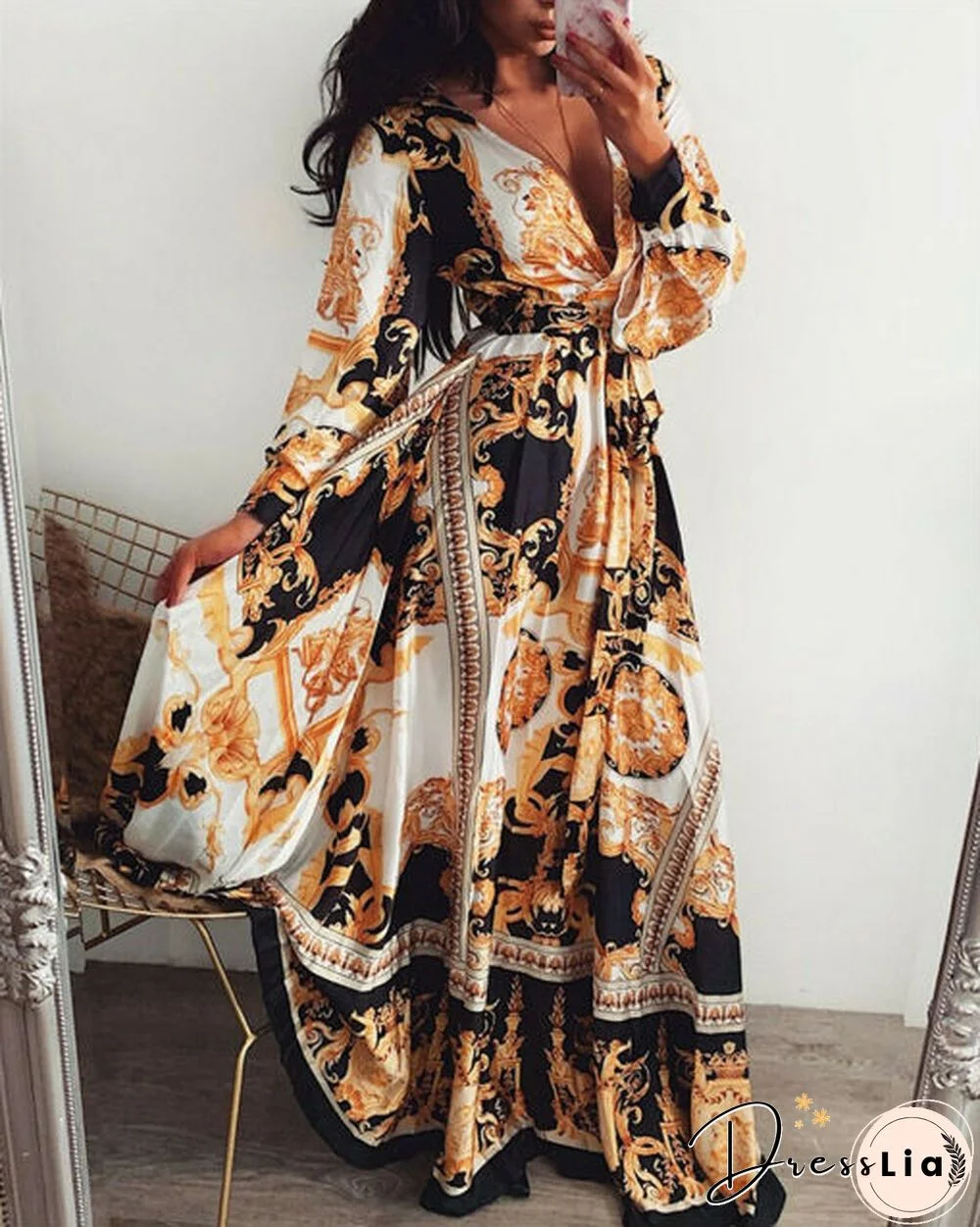 Women Boho Wrap Summer Long Dress Holiday Maxi Loose Sundress Floral Print V-neck Long Sleeve Elegante Dresses Cocktail Party