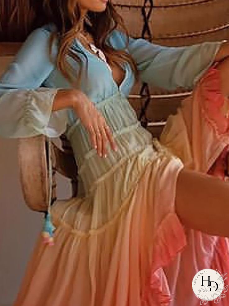 Dresses Deep V Neck Gradient Long Sleeve Irregular Dress for Women