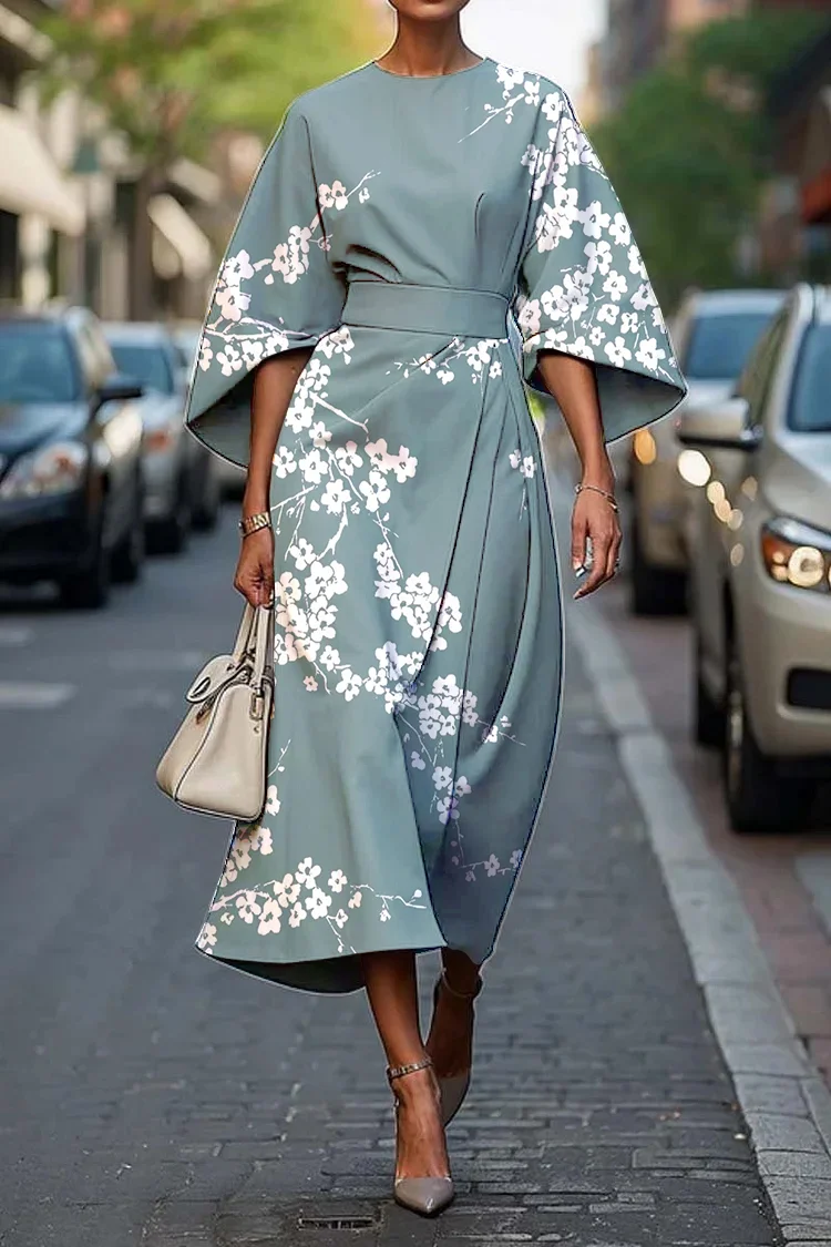 Women's Vintage Elegant Japanese Plum Blossom Print Midi Dress