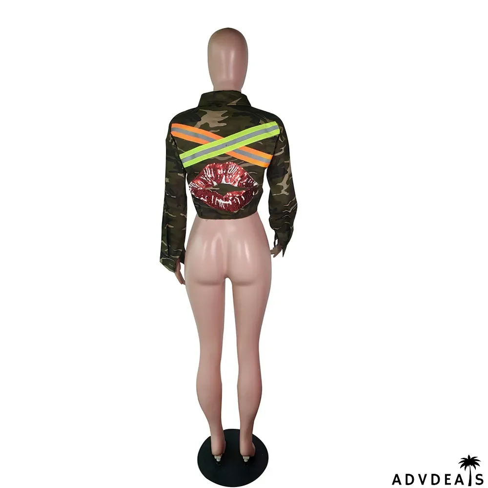 Camo Reflective Strip Sequined Short Coat
