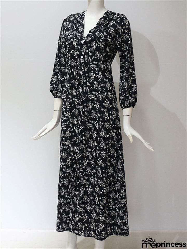 Classy High Waisted Vintage Floral V Neck Long Dresses For Women