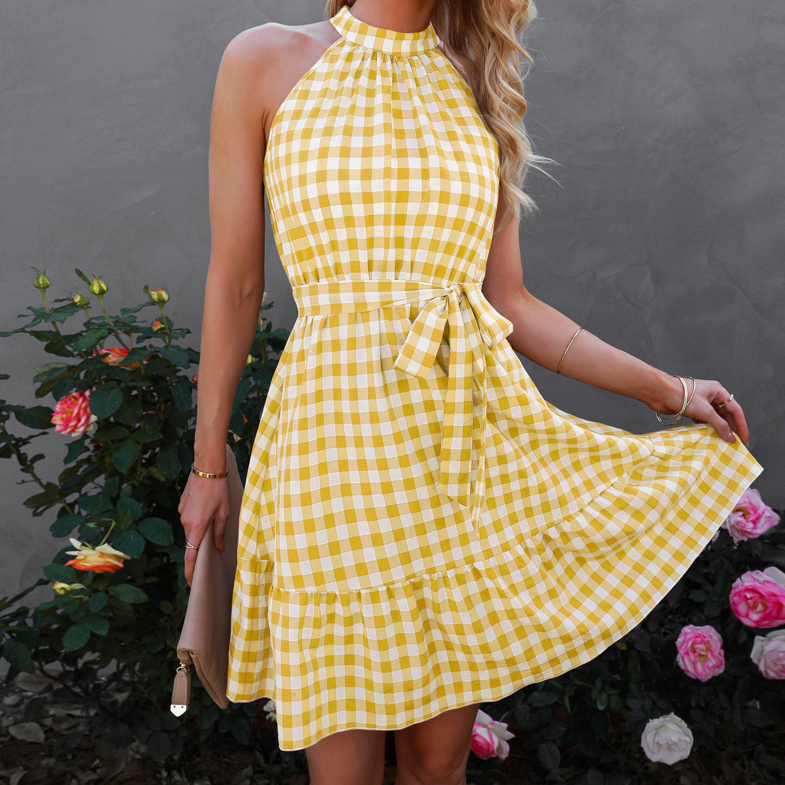 Mature Women Summer Wrap Bust Sleeveless Ruffled Plaid Midi Dress