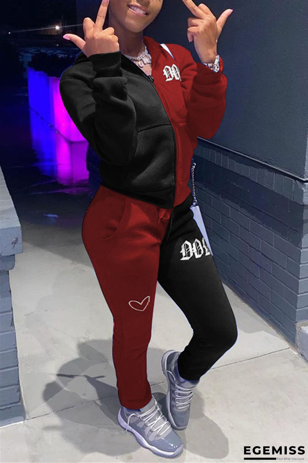 Wine Red Fashion Casual Adult Patchwork Print Embroidered Patchwork Hooded Collar Long Sleeve Regular Sleeve Regular Two Pieces | EGEMISS